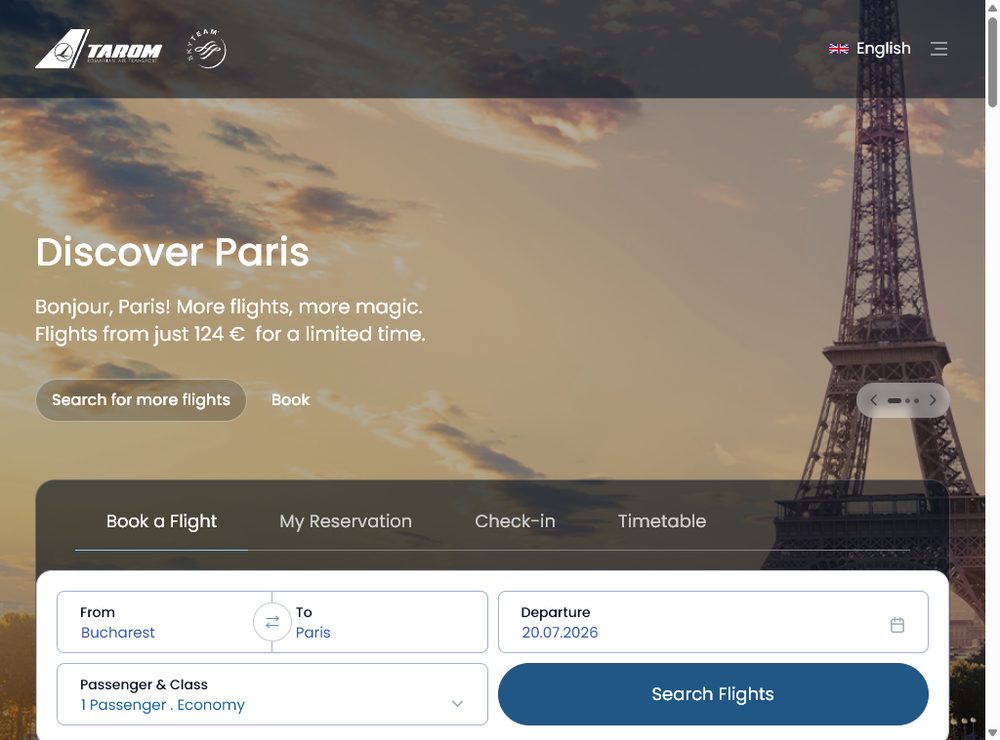 Форма поиска на tarom.ro: направление Бухарест (OTP) — Париж (CDG), в одну сторону, дата вылета и число пассажиров