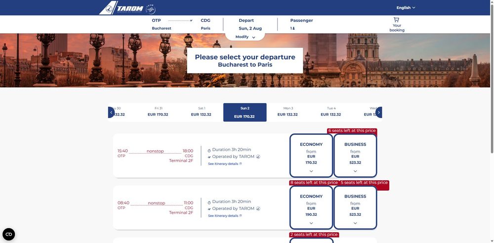 Список рейсов на выбранный день: прямой Бухарест — Париж (рейс RO 381, Boeing 737-800), время в пути 3 ч 20 мин, цена от EUR 170,32 в экономе и от EUR 523,32 в бизнесе
