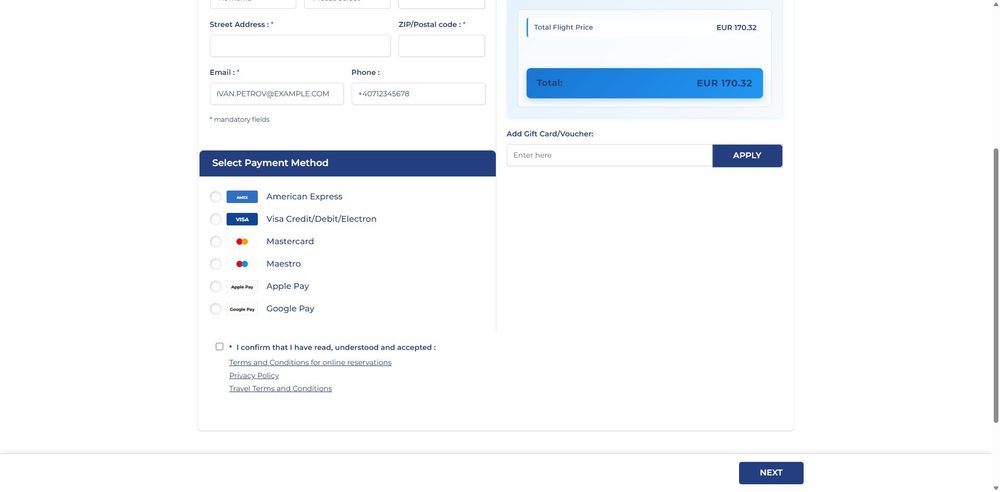 Страница оплаты: блок Billing Details, выбор способа оплаты (Amex, Visa, Mastercard, Maestro, Apple Pay, Google Pay) и сводка «Total: EUR 170,32»